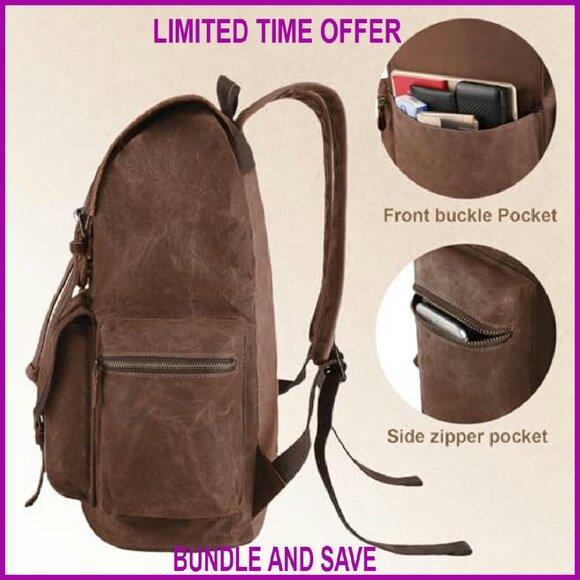 Vintage Waxed Canvas Backpack with Leather 17" Laptop Sleeve Travel Daypack - Picture 6 of 8